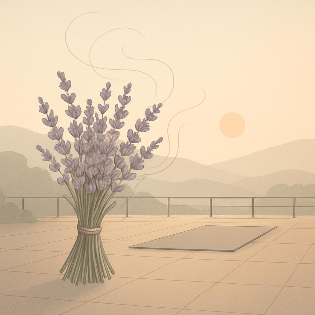 A serene landscape featuring a bouquet of lavender, set against a foggy backdrop with mountains and a setting sun.