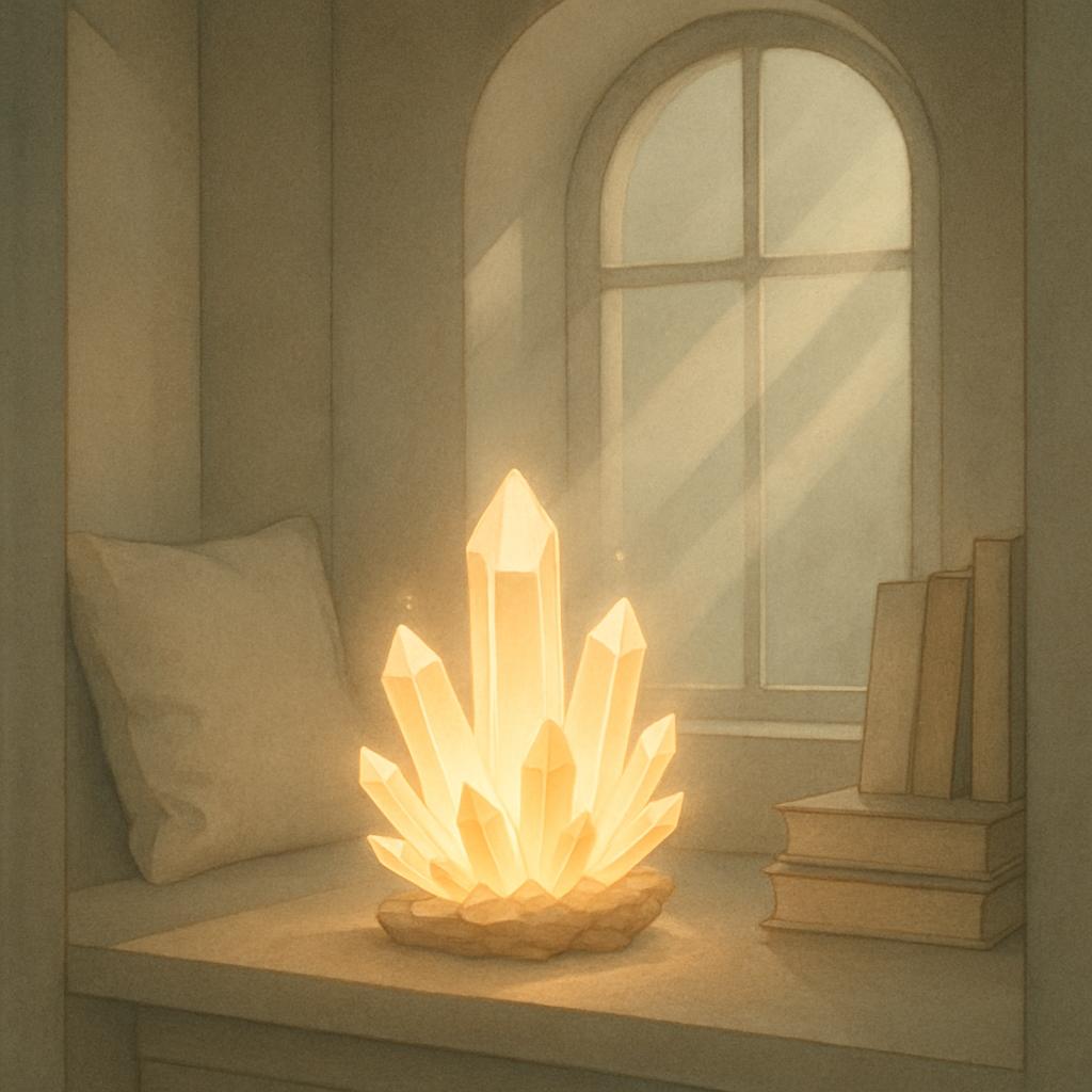 An interior room featuring a table against an arched window and a cluster of illuminated crystal points on the table. Anot...