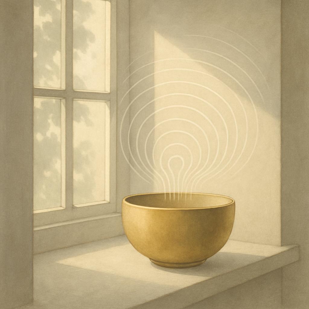 A large yellow bowl emblem with lines emanating from the inside on a ledge of an interior space. A large yellow bowl emble...