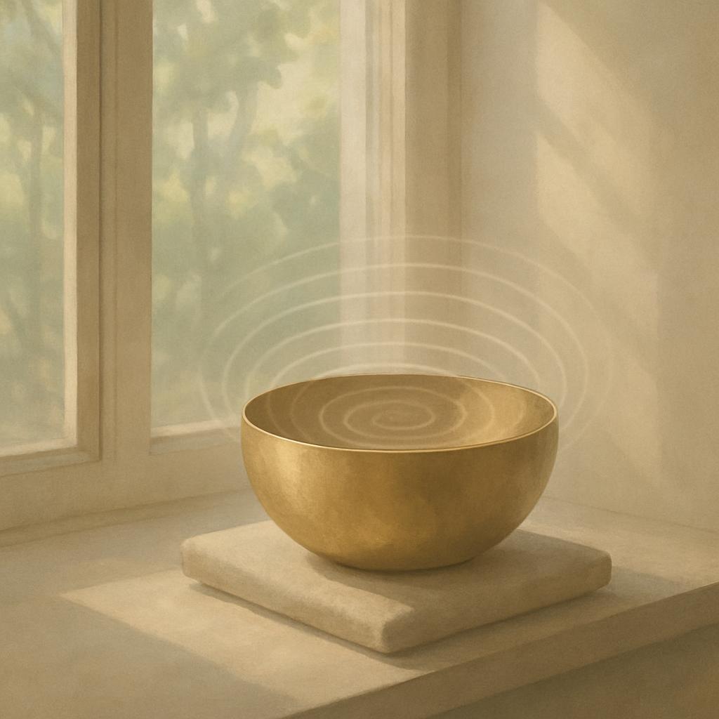 The image depicts a serene scene featuring a gold bowl with concentric circles on its inside, placed on a stack of two fol...